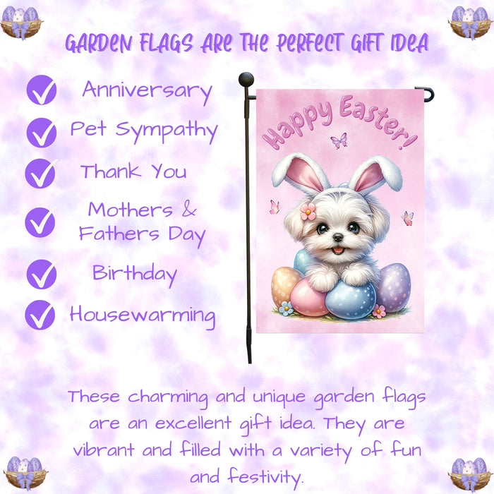 Maltese Happy Easter Puppy Garden Flag Eggs Spring Outdoor Yard Lawn Décor 12x18 Inch Single Side and Double Sided