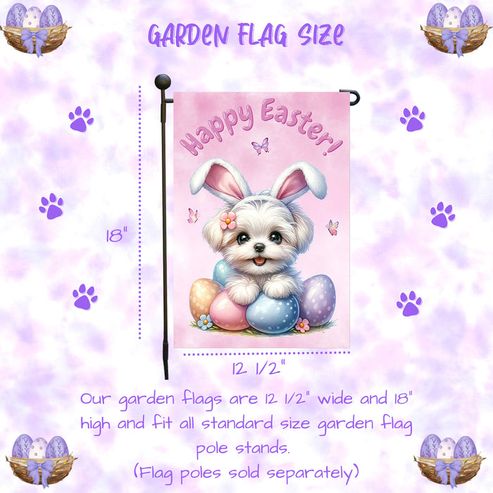 Maltese Happy Easter Puppy Garden Flag Eggs Spring Outdoor Yard Lawn Décor 12x18 Inch Single Side and Double Sided