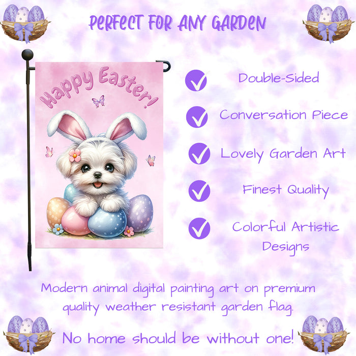 Maltese Happy Easter Puppy Garden Flag Eggs Spring Outdoor Yard Lawn Décor 12x18 Inch Single Side and Double Sided