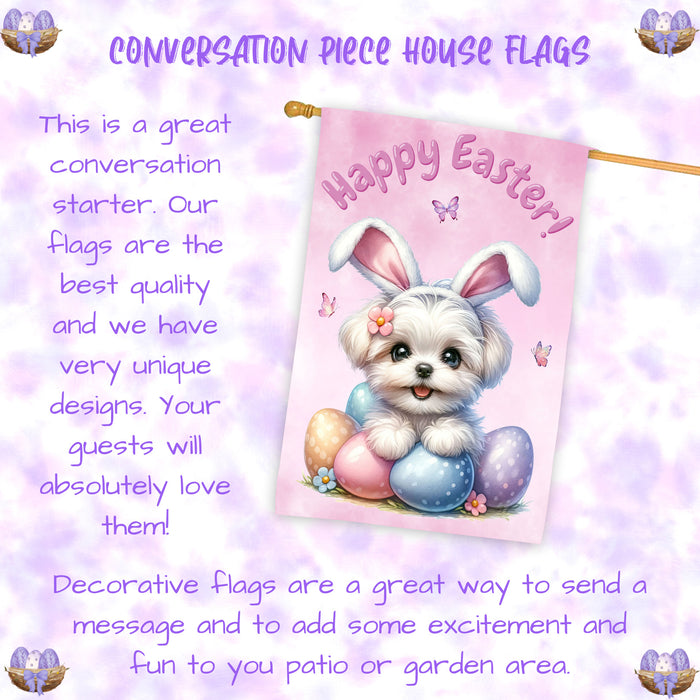 Maltese Easter House Flag Dog Eggs Outdoor Yard Holiday Decor Double Sided Flag 28x40 Inch Double-Sided