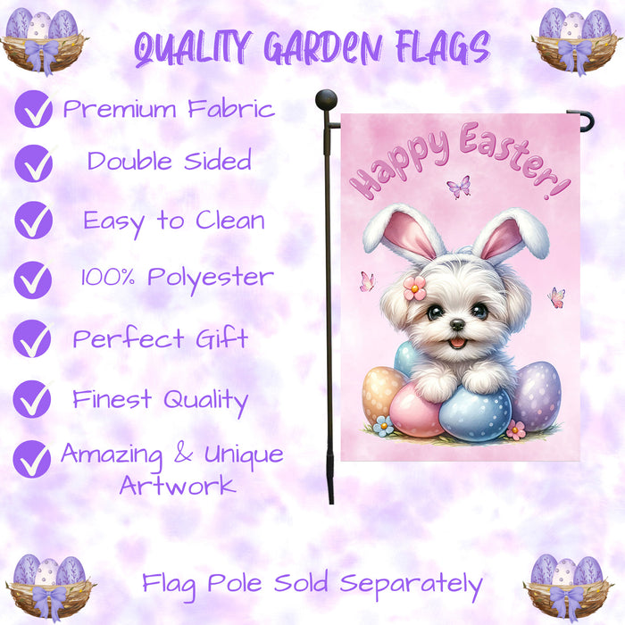 Maltese Happy Easter Puppy Garden Flag Eggs Spring Outdoor Yard Lawn Décor 12x18 Inch Single Side and Double Sided