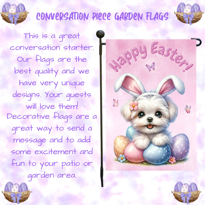 Maltese Happy Easter Puppy Garden Flag Eggs Spring Outdoor Yard Lawn Décor 12x18 Inch Single Side and Double Sided