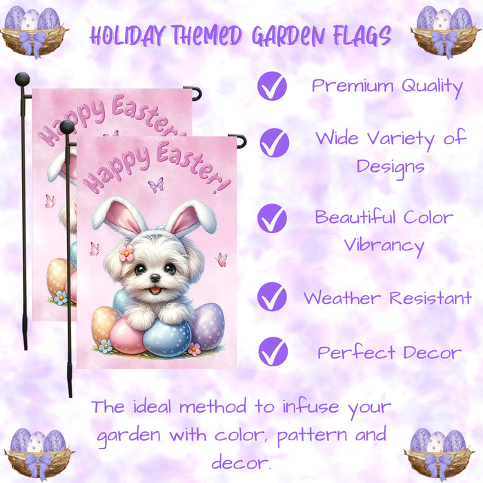 Maltese Happy Easter Puppy Garden Flag Eggs Spring Outdoor Yard Lawn Décor 12x18 Inch Single Side and Double Sided