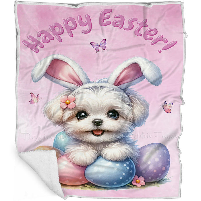 Easter Egg Hunt Maltese  with Bunny Ears Happy Easter Holiday Blanket, EGHNTBLNKTDG00065