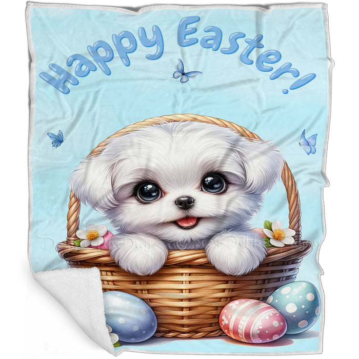 Easter Egg Hunt Maltese  with Bunny Ears Happy Easter Holiday Blanket, EGHNTBLNKTDG00066