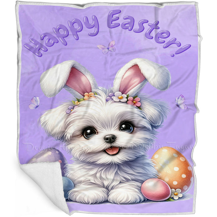 Easter Egg Hunt Maltese with Bunny Ears Happy Easter Holiday Blanket, EGHNTBLNKTDG00064