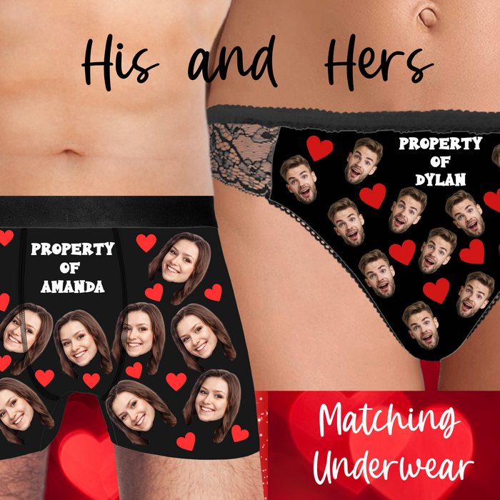 His & Hers Men's and Women’s Boxer Briefs and Lace Panties Personalized with Custom Photo and Name or Text Wedding Party Groomsmen Gift, Best Man, Maid of Honor, Bachelorette