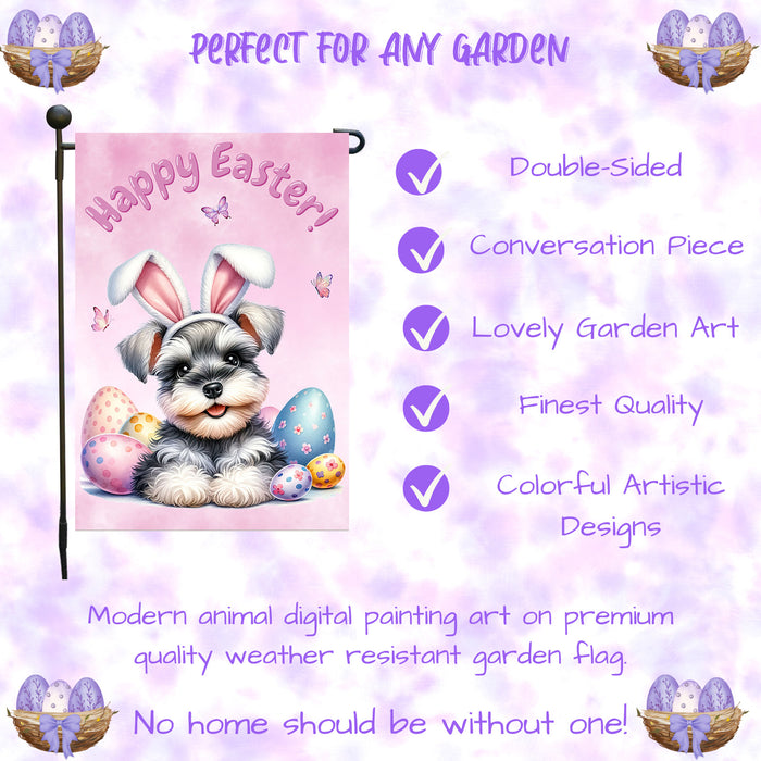 Schnauzer Happy Easter Puppy Garden Flag Eggs Spring Outdoor Yard Lawn Décor 12x18 Inch Single Side and Double Sided