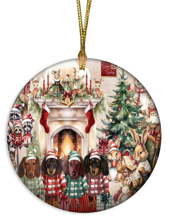 Dachshund Dog Round Flat Christmas Ornament - Winter Furry Friends