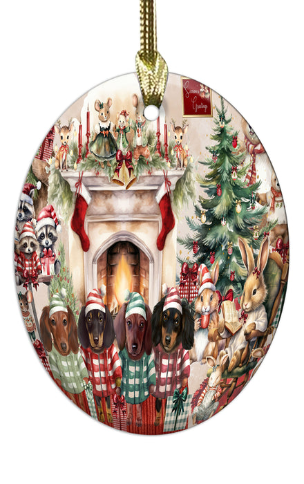 Dachshund Dog Oval Glass Christmas Ornament - Winter Furry Friends