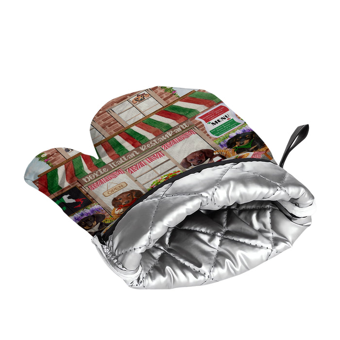 Doxie Italian Restaurant Dachshund Oven Mitts and Pot Holder Set: Kitchen Gloves for Cooking with Potholders, Dog Lovers Gift