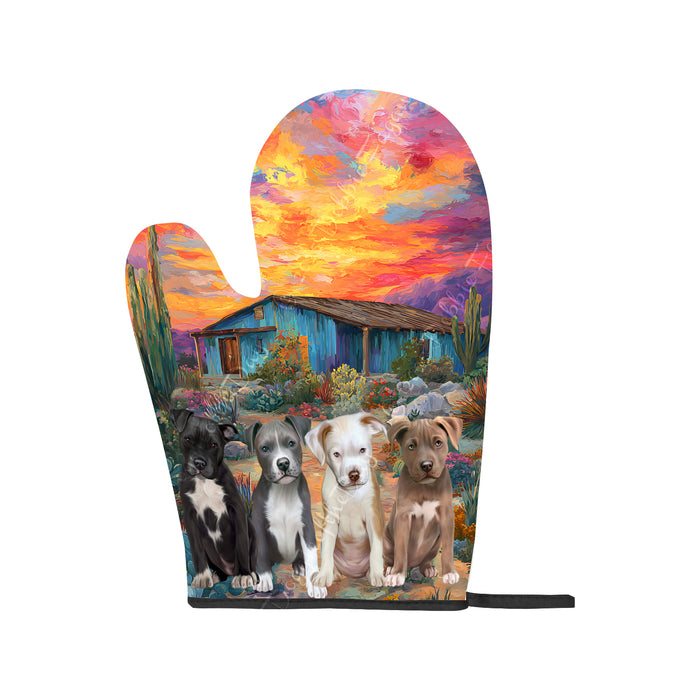“Sizzle & Snuggles in the Southwest” – Pit Bull & Cactus Oven Mitts + Pot Holder Set: Kitchen Gloves for Cooking with Potholders, Custom, Personalized, Dog Lovers Gift