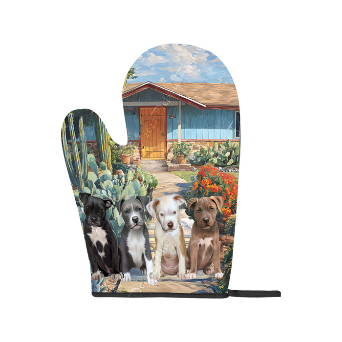 “Barkin’ in the Desert Heat” – Pit Bull Dogs & Cactus Print Oven Mitts + Pot Holder Set: Kitchen Gloves for Cooking with Potholders, Custom, Personalized, Dog Lovers Gift