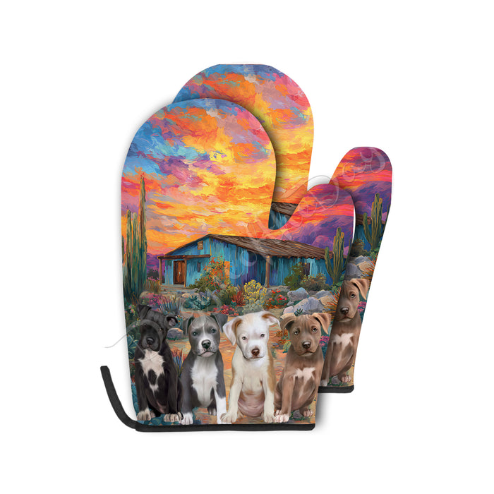 “Sizzle & Snuggles in the Southwest” – Pit Bull & Cactus Oven Mitts + Pot Holder Set: Kitchen Gloves for Cooking with Potholders, Custom, Personalized, Dog Lovers Gift
