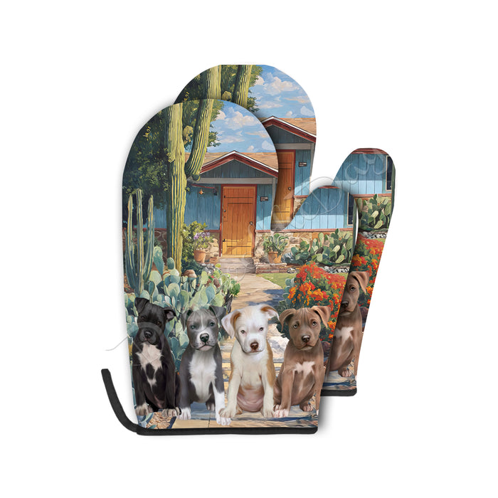“Barkin’ in the Desert Heat” – Pit Bull Dogs & Cactus Print Oven Mitts + Pot Holder Set: Kitchen Gloves for Cooking with Potholders, Custom, Personalized, Dog Lovers Gift