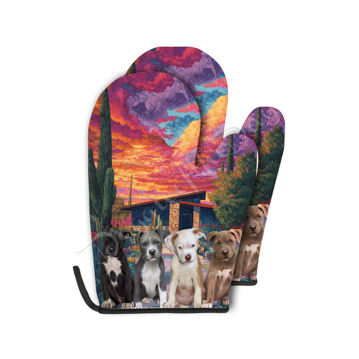 “From Snouts to Sizzle” – Arizona Cactus & Pit Bull Oven Mitts + Pot Holder Set: Kitchen Gloves for Cooking with Potholders, Custom, Personalized, Dog Lovers Gift