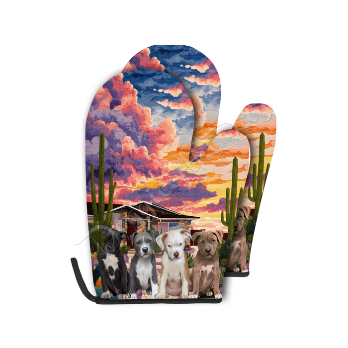 “Cactus Cooks & Canine Looks” – Pit Bull Dogs with Desert Charm Oven Mitts + Pot Holder Set: Kitchen Gloves for Cooking with Potholders, Custom, Personalized, Dog Lovers Gift