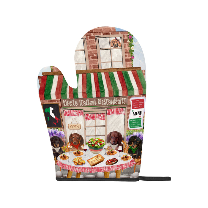 Doxie Italian Restaurant Dachshund Oven Mitts and Pot Holder Set: Kitchen Gloves for Cooking with Potholders, Dog Lovers Gift