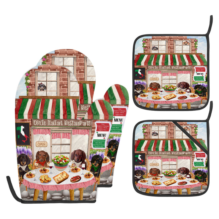 Doxie Italian Restaurant Dachshund Oven Mitts and Pot Holder Set: Kitchen Gloves for Cooking with Potholders, Dog Lovers Gift