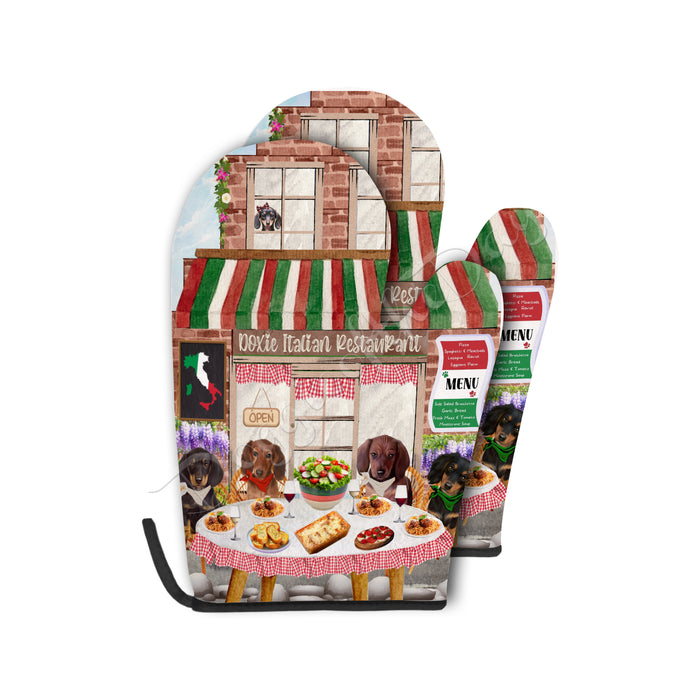 Doxie Italian Restaurant Dachshund Oven Mitts and Pot Holder Set: Kitchen Gloves for Cooking with Potholders, Dog Lovers Gift