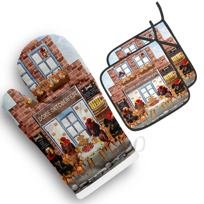 Doxie Oktoberfest Beer Dachshund Oven Mitts and Pot Holder Set: Kitchen Gloves for Cooking with Potholders, Custom, Personalized, Dog Lovers Gift