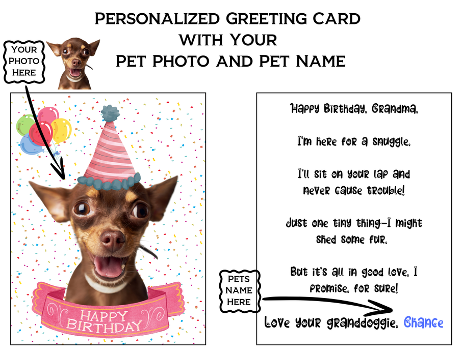 Custom Pet Illustration Happy Birthday Card, Upload Your Own Photo, Personalized Text and Name, Greeting Card for Dog Cat Mom, Dad, Grandma