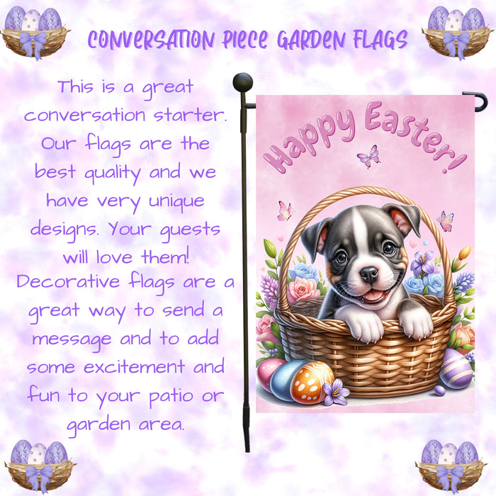 Pit Bull Dog Happy Easter Garden Flag Puppy Eggs Spring Yard Lawn Outdoor Décor 12x18 Inch Single Side and Double Sided