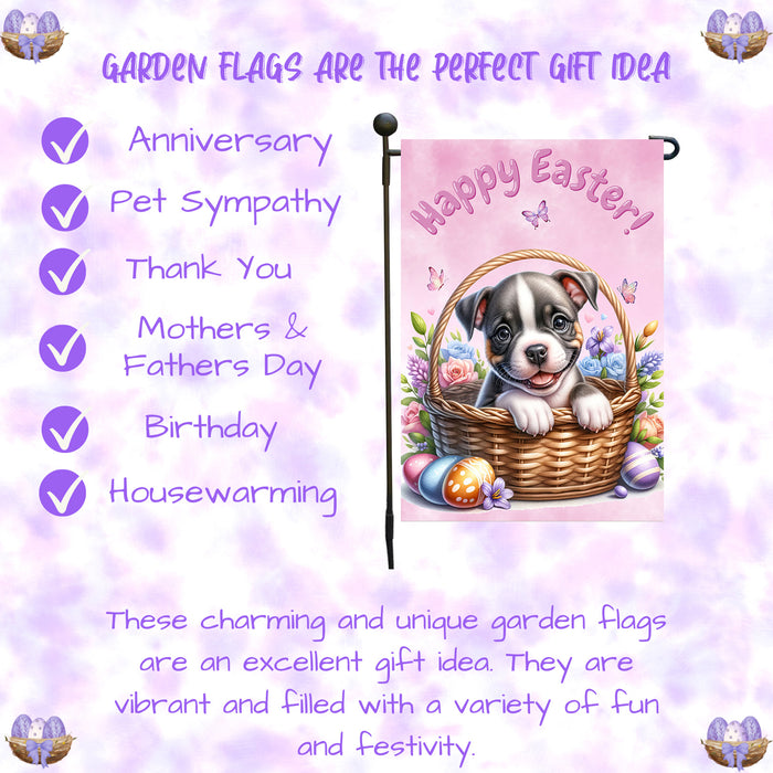 Pit Bull Dog Happy Easter Garden Flag Puppy Eggs Spring Yard Lawn Outdoor Décor 12x18 Inch Single Side and Double Sided