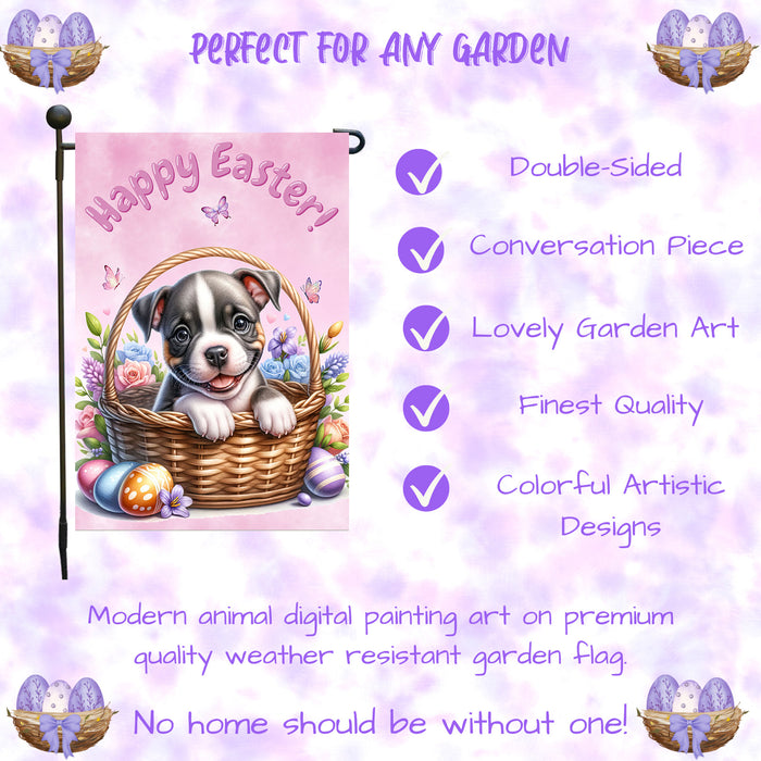 Pit Bull Dog Happy Easter Garden Flag Puppy Eggs Spring Yard Lawn Outdoor Décor 12x18 Inch Single Side and Double Sided