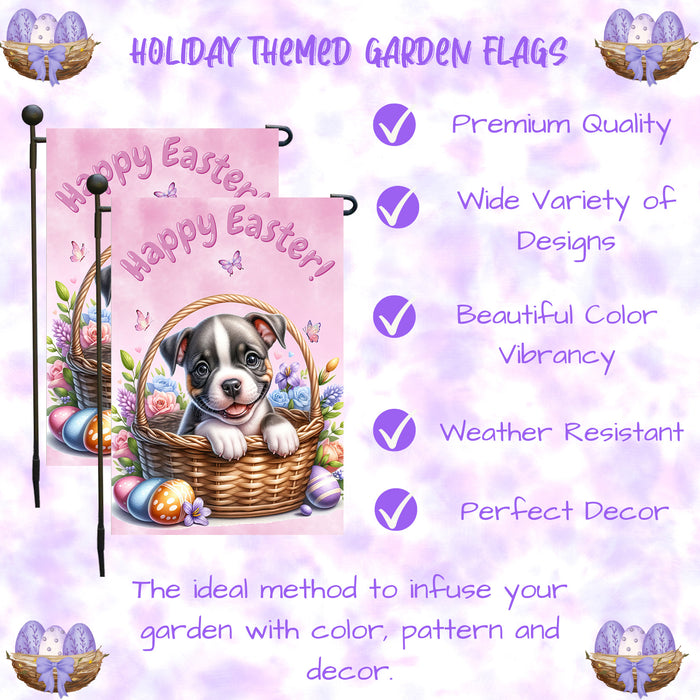 Pit Bull Dog Happy Easter Garden Flag Puppy Eggs Spring Yard Lawn Outdoor Décor 12x18 Inch Single Side and Double Sided