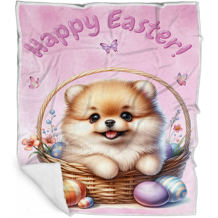 Easter Egg Hunt Pomeranian  with Bunny Ears Happy Easter Holiday Blanket, EGHNTBLNKTDG00075