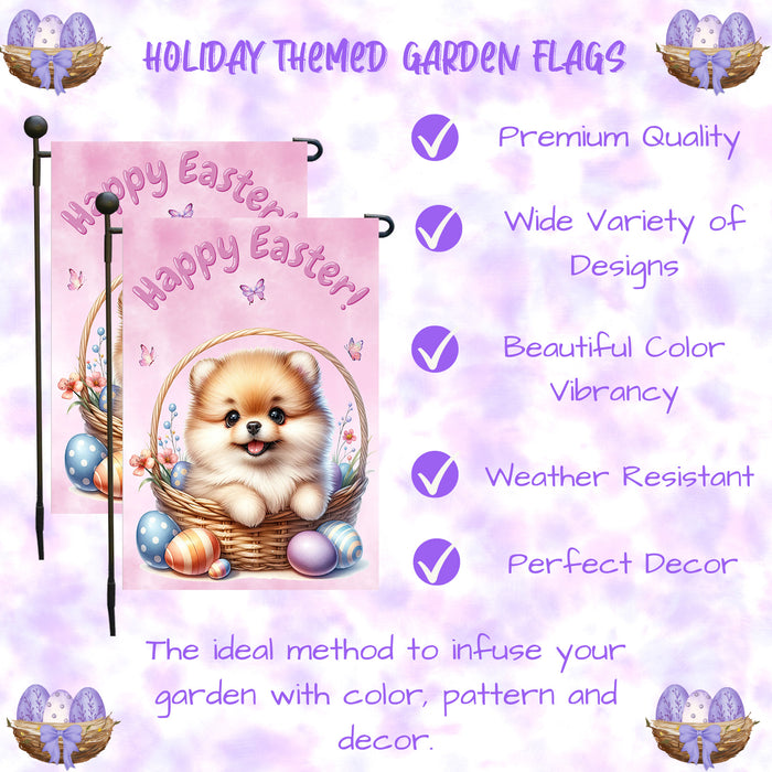 Pomeranian Easter Porch Garden Flag Dog Bunny Ears Eggs Spring Outdoor Décor 12x18 Inch Single Side and Double Sided