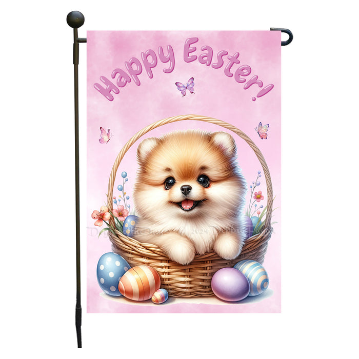 Pomeranian Easter Porch Garden Flag Dog Bunny Ears Eggs Spring Outdoor Décor 12x18 Inch Single Side and Double Sided