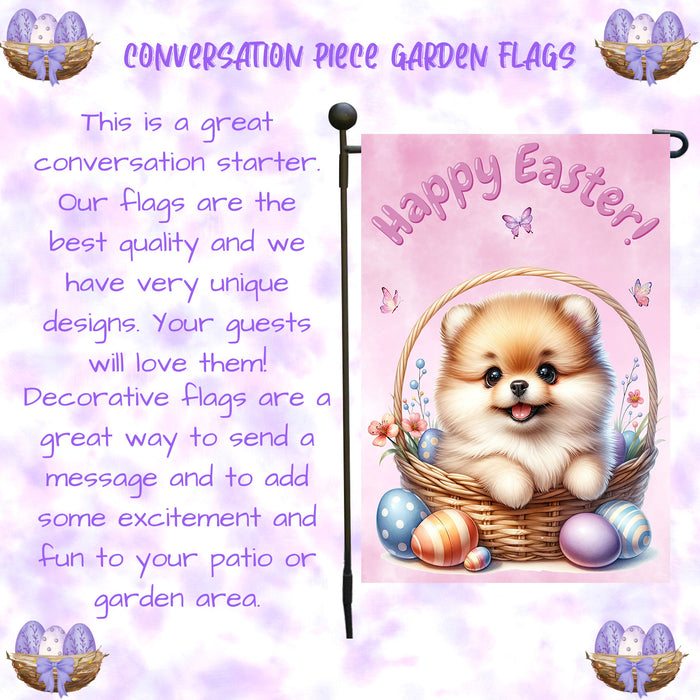 Pomeranian Easter Porch Garden Flag Dog Bunny Ears Eggs Spring Outdoor Décor 12x18 Inch Single Side and Double Sided