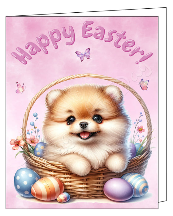 Happy Easter Pomeranian 2 Greeting Cards, Spring Holiday Notecards Blank Inside Envelopes Included, Unique Easter Egg Cards for Dog Lovers