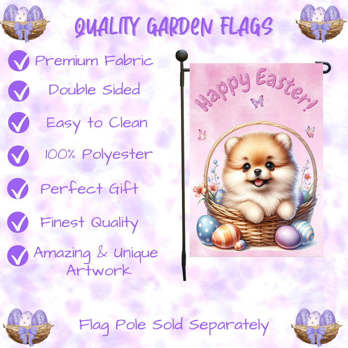 Pomeranian Easter Porch Garden Flag Dog Bunny Ears Eggs Spring Outdoor Décor 12x18 Inch Single Side and Double Sided