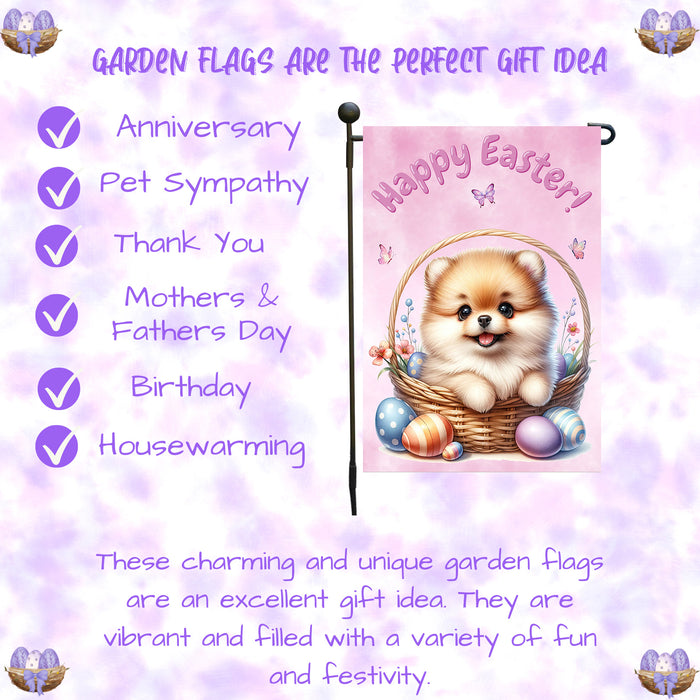 Pomeranian Easter Porch Garden Flag Dog Bunny Ears Eggs Spring Outdoor Décor 12x18 Inch Single Side and Double Sided