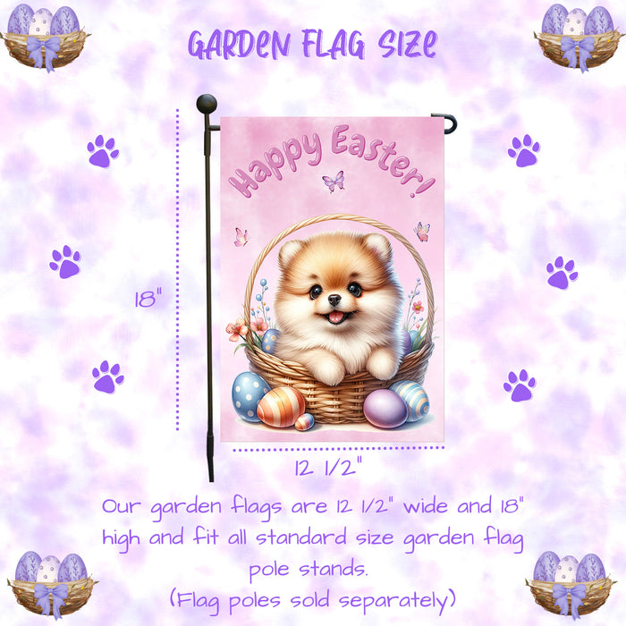 Pomeranian Easter Porch Garden Flag Dog Bunny Ears Eggs Spring Outdoor Décor 12x18 Inch Single Side and Double Sided