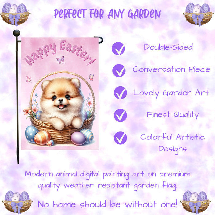 Pomeranian Easter Porch Garden Flag Dog Bunny Ears Eggs Spring Outdoor Décor 12x18 Inch Single Side and Double Sided