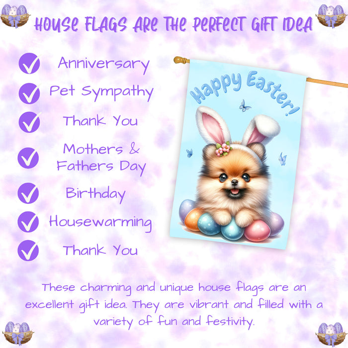 Pomeranian Easter Dog House Flag With Eggs Spring Home Decoration Gifts for Dad 28x40 Inch Double-Sided