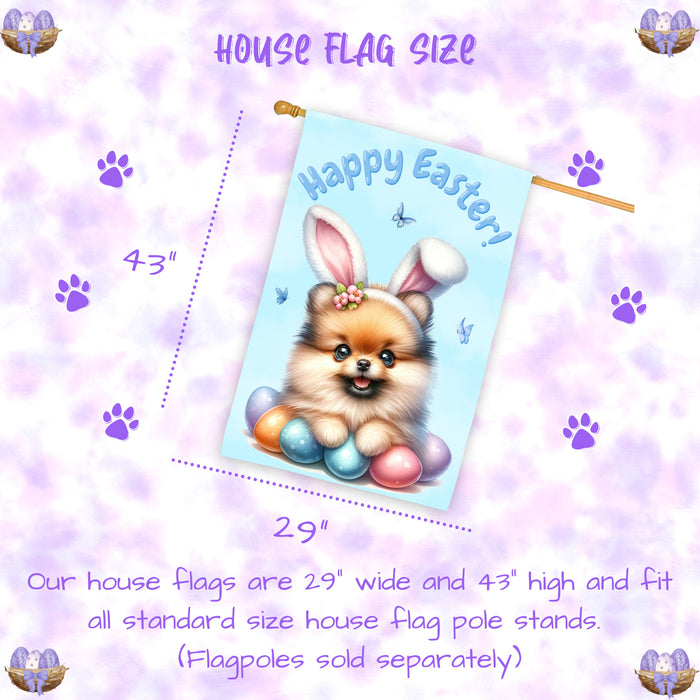 Pomeranian Easter Dog House Flag With Eggs Spring Home Decoration Gifts for Dad 28x40 Inch Double-Sided