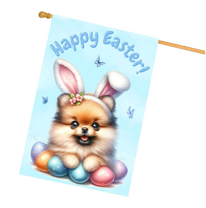 Pomeranian Easter Dog House Flag With Eggs Spring Home Decoration Gifts for Dad 28x40 Inch Double-Sided