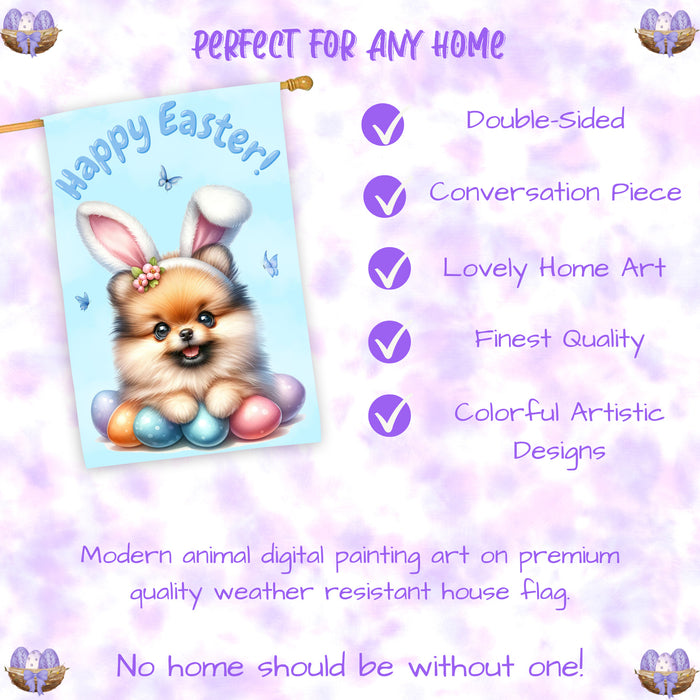 Pomeranian Easter Dog House Flag With Eggs Spring Home Decoration Gifts for Dad 28x40 Inch Double-Sided