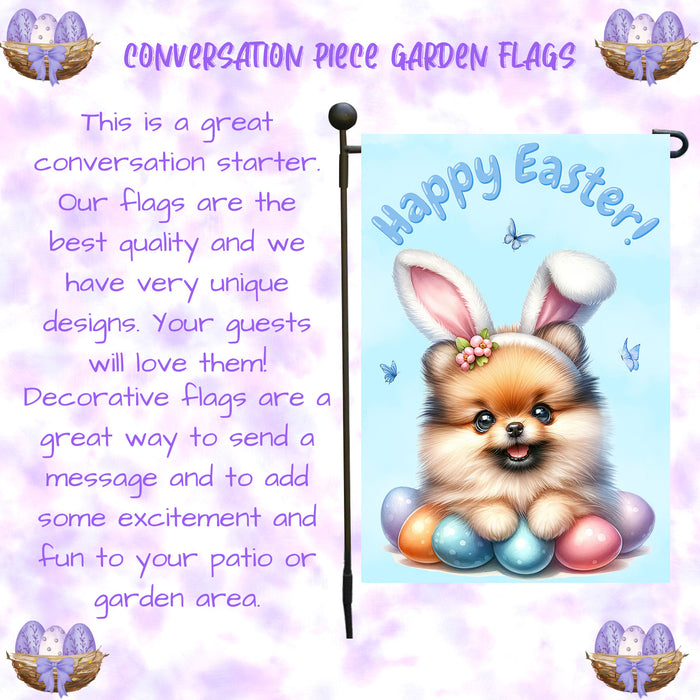Pomeranian Happy Easter Puppy Garden Flag Eggs Spring Outdoor Yard Lawn Décor 12x18 Inch Single Side and Double Sided