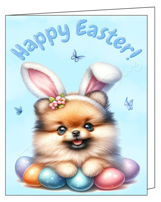 Happy Easter Pomeranian 3 Greeting Cards, Spring Holiday Notecards Blank Inside Envelopes Included, Unique Easter Egg Cards for Dog Lovers