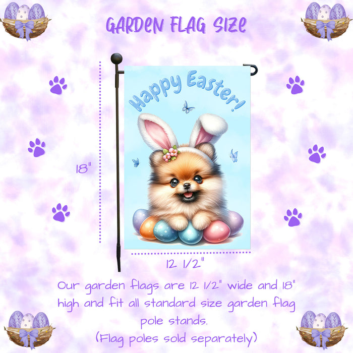 Pomeranian Happy Easter Puppy Garden Flag Eggs Spring Outdoor Yard Lawn Décor 12x18 Inch Single Side and Double Sided