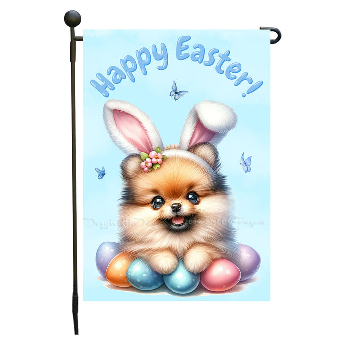 Pomeranian Happy Easter Puppy Garden Flag Eggs Spring Outdoor Yard Lawn Décor 12x18 Inch Single Side and Double Sided