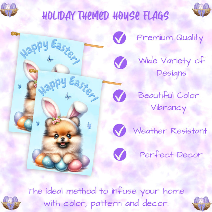 Pomeranian Easter Dog House Flag With Eggs Spring Home Decoration Gifts for Dad 28x40 Inch Double-Sided