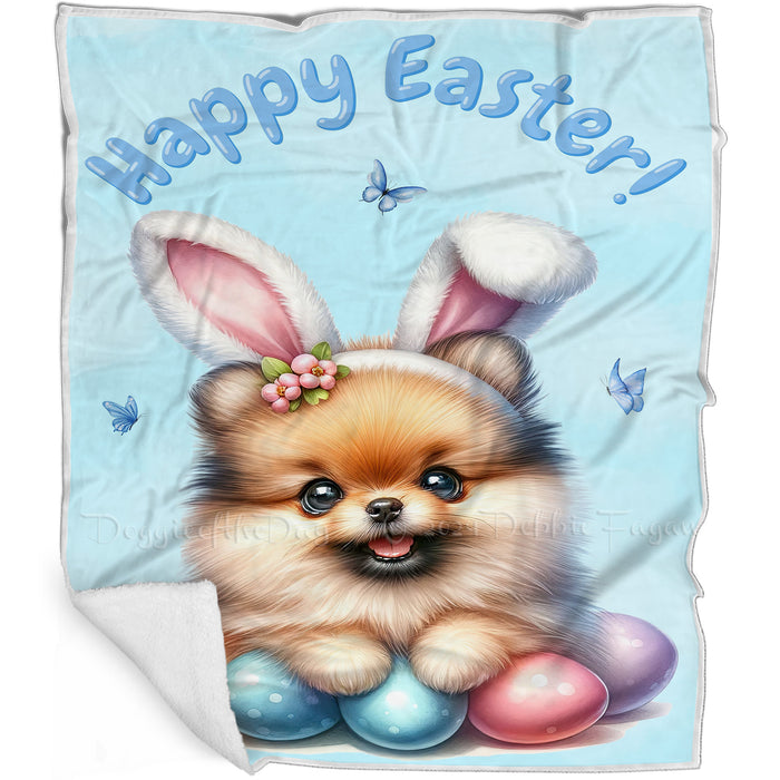 Easter Egg Hunt Pomeranian  with Bunny Ears Happy Easter Holiday Blanket, EGHNTBLNKTDG00076