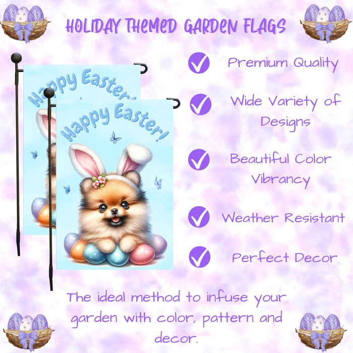 Pomeranian Happy Easter Puppy Garden Flag Eggs Spring Outdoor Yard Lawn Décor 12x18 Inch Single Side and Double Sided